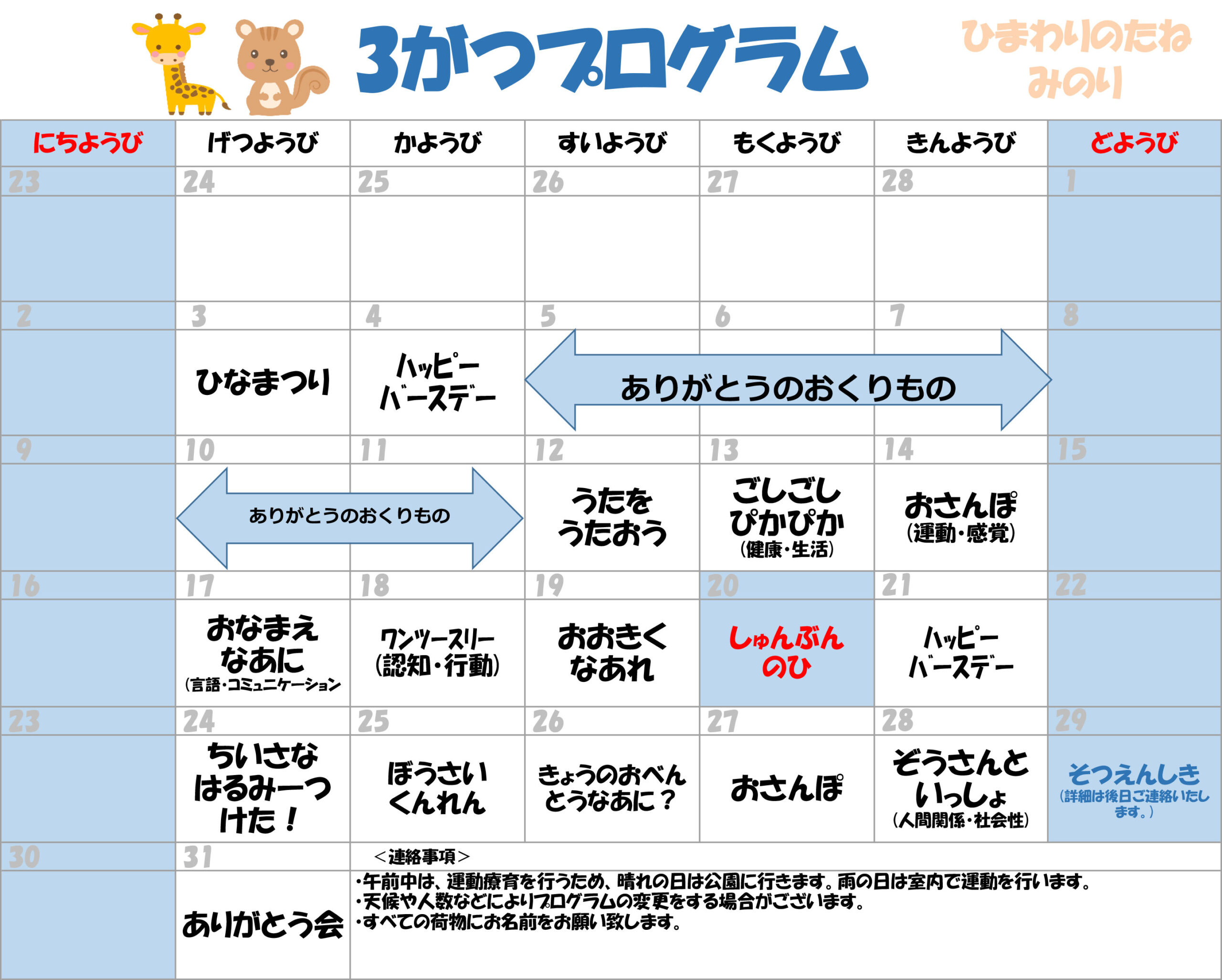 川口市児童発達支援施設みのり きりん組/りす組　2025年03月のプログラム