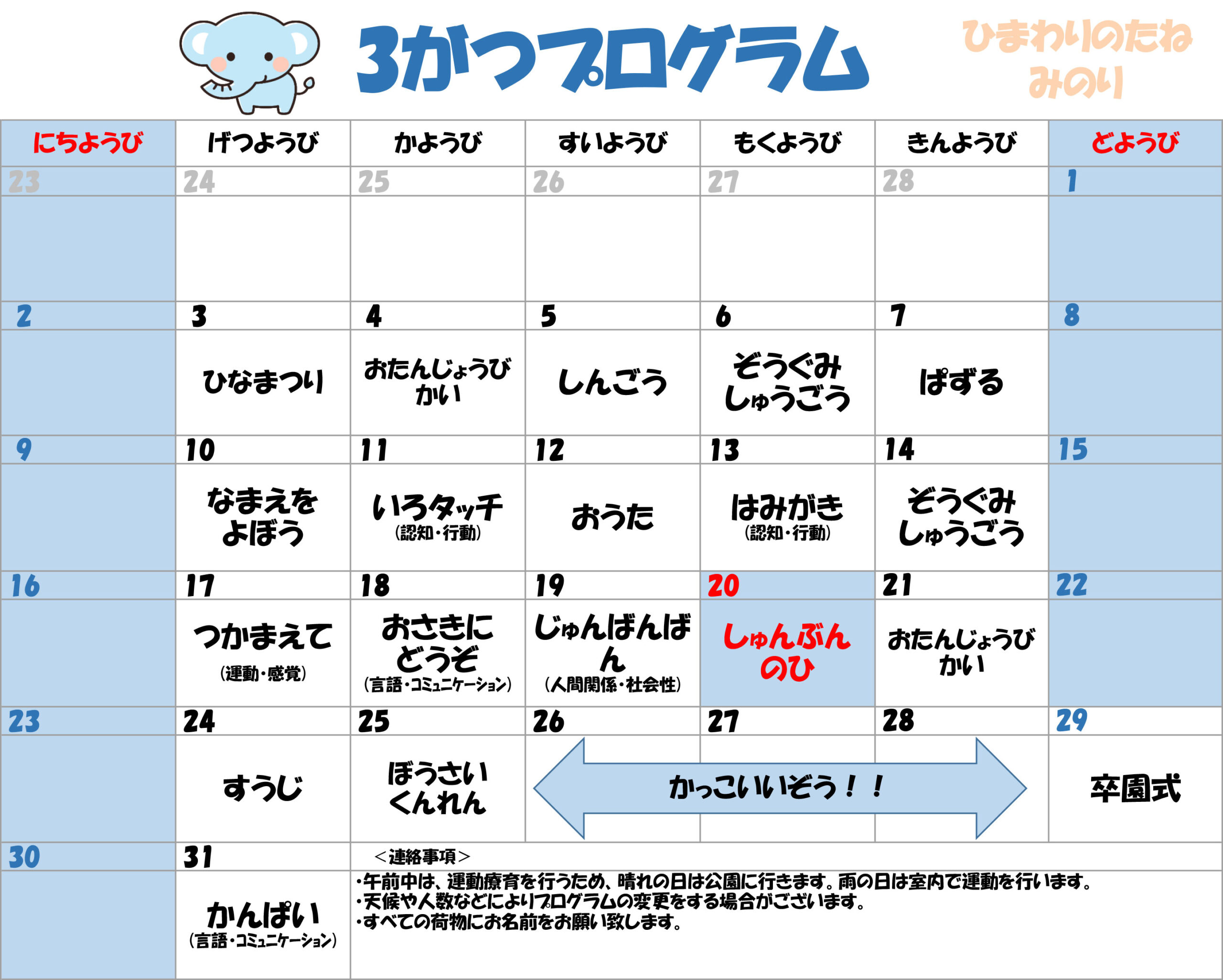 川口市児童発達支援施設みのり ぞう組　2025年03月のプログラム